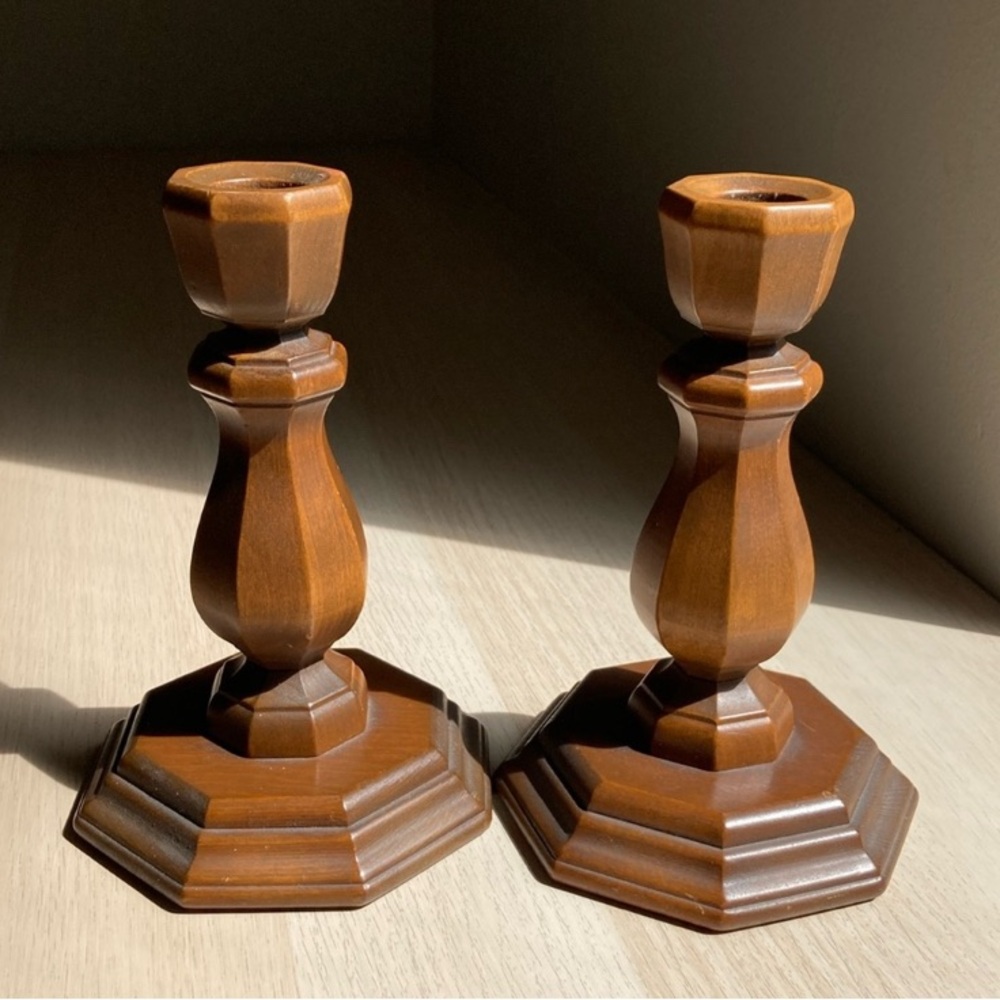 Set of 2 Vintage Classic Octagon Brown Wooden Candle Holders with Turned Design